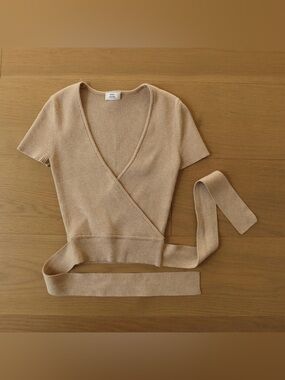Little Moon Beige Ribbed Wrap V-Neck Sweater